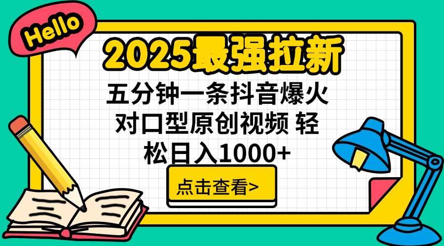 (8.19)2025最强拉新，单用户下载5块佣金，5分钟一条抖音爆火原创对口型视频，